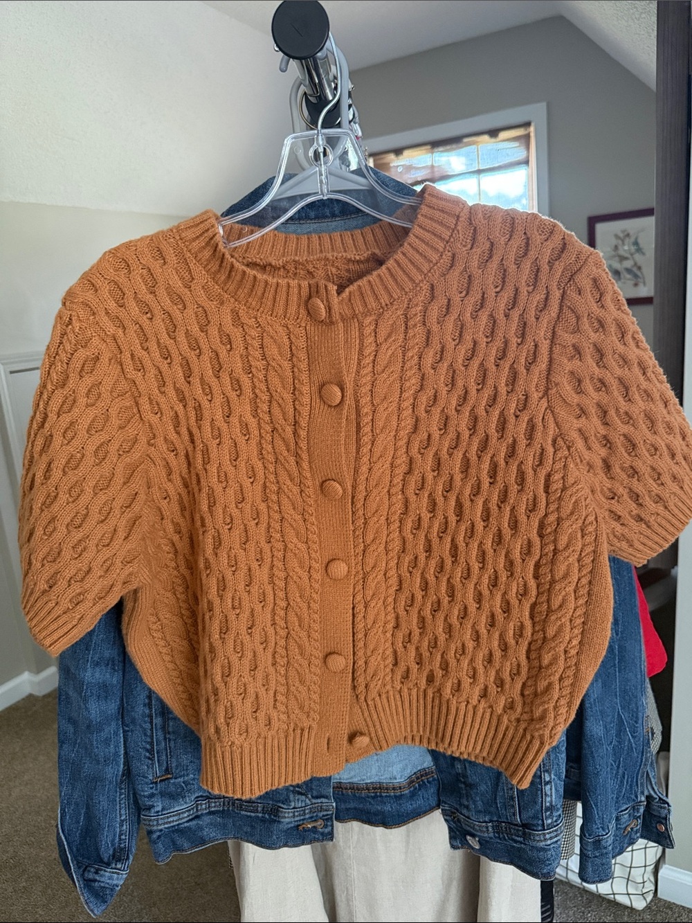 Cable Knit Button-Front Short Sleeve Sweater Cardigan - Rust